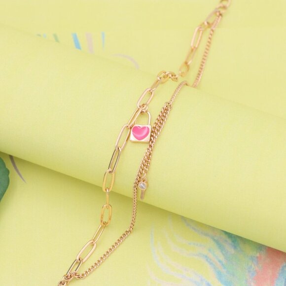 "Dual Layer Rose Gold Bracelet with Heart Lock & Key Charms, XPBL1157 - Picture 5 of 12